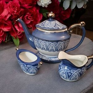 Bombay Company 8” Pattern Tea Pot Set, Blue & White With Platinum Trim